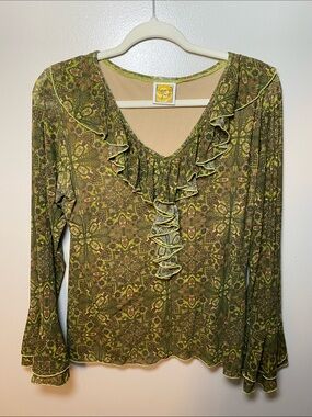 Hand Jive Green psychedelic kaleidoscope floral print Bell Sleeve Ruffle Mesh M